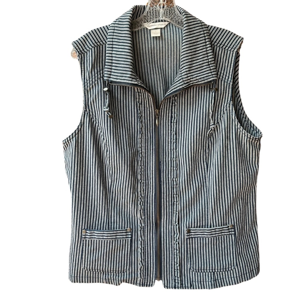 Christopher & Banks sleeveless denim vest navy & white stripes L